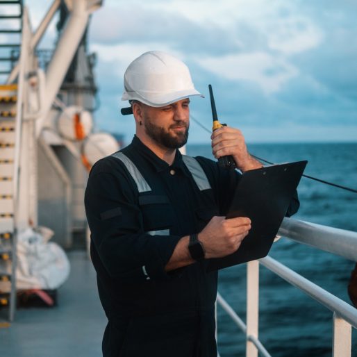 Marine Deck Officer or Chief mate on deck of offshore vessel or ship , wearing PPE personal protective equipment - helmet, coverall. He holds VHF walkie-talkie radio in hands.